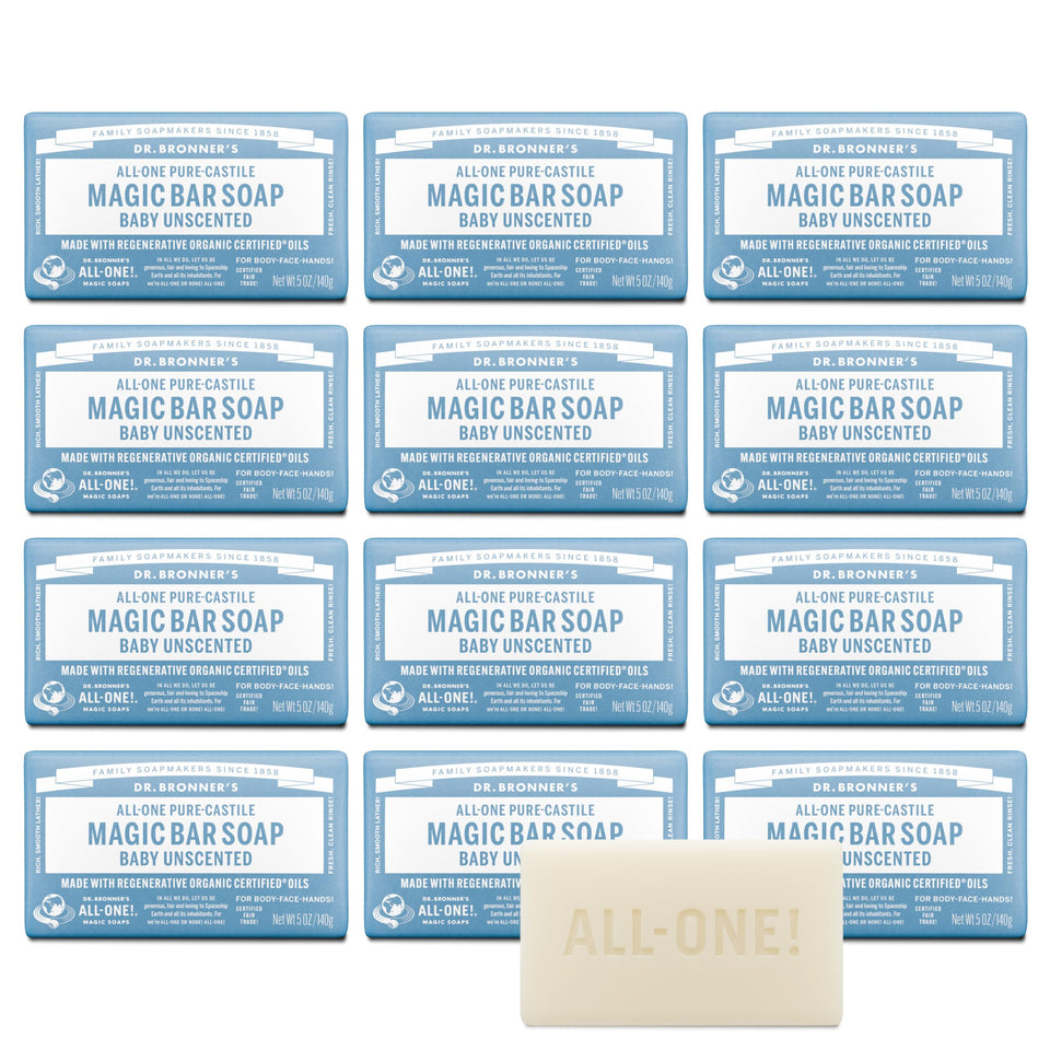 Dr. Bronner's baby unscented front packaging shows gentle unscented benefit