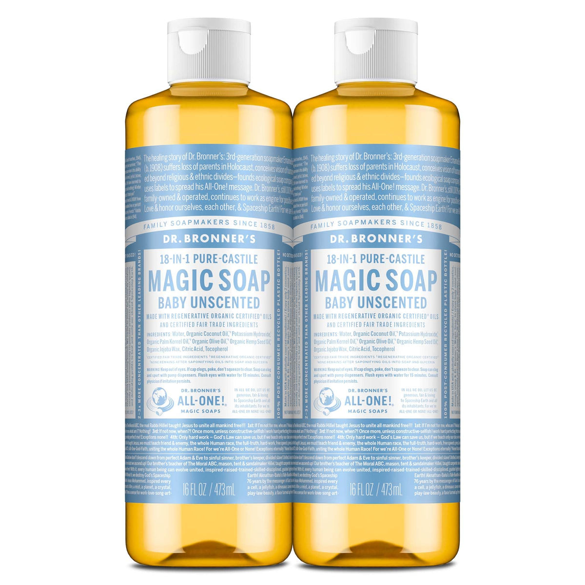 Dr. Bronner's bottle front packaging showing product and benefits