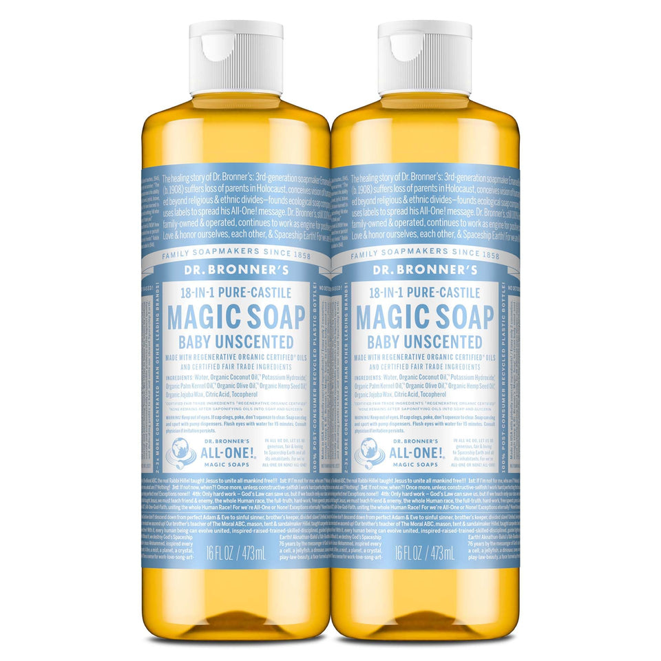 Dr. Bronner's bottle front packaging showing product and benefits