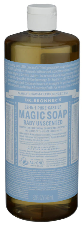 Dr. Bronner's front packaging showing bottle and product identity for gentle cleansing