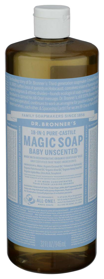 Dr. Bronner's front packaging showing bottle and product identity for gentle cleansing