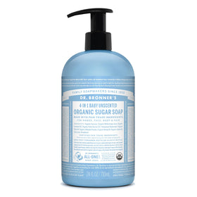 Dr. Bronner's front bottle view showing unscented sugar soap, easy identification and gentle formula