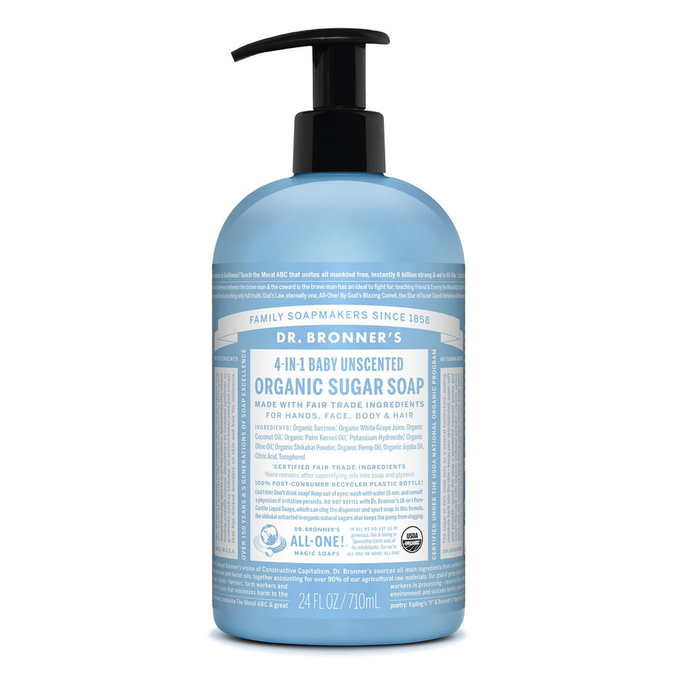 Dr. Bronner's front bottle view showing unscented sugar soap, easy identification and gentle formula