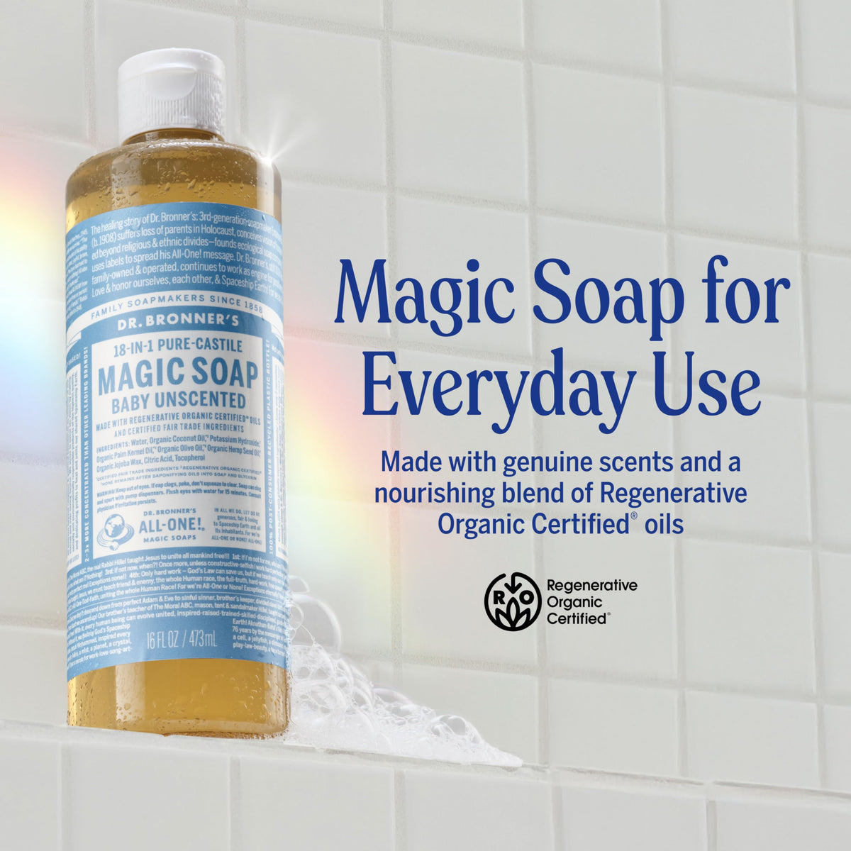 Dr. Bronner's label and pump close-up highlighting ingredient transparency