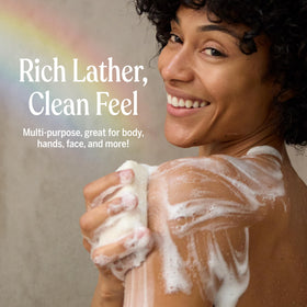 Dr. Bronner's bar in wet hands during shower demonstrating gentle cleansing and invigorating use