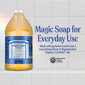 Dr. Bronner's bottle close-up pouring foam that demonstrates rich lather benefit