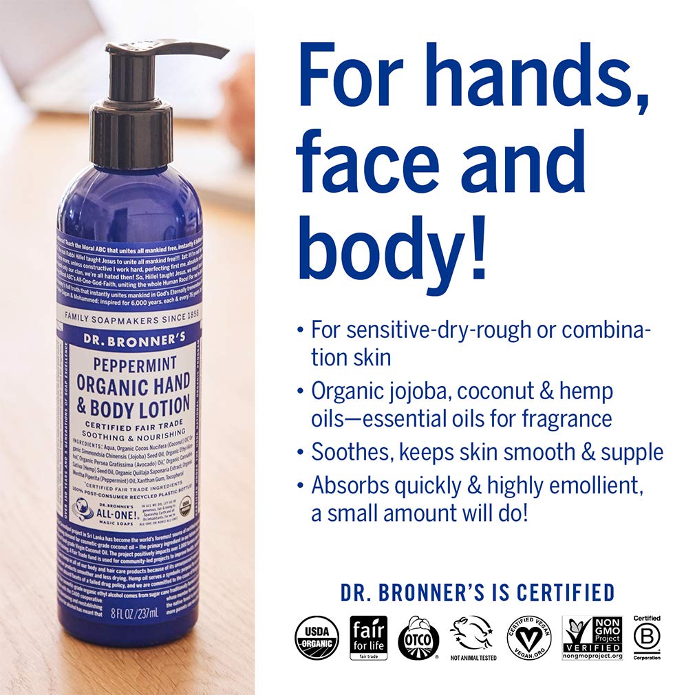Dr. Bronner's bottle placed on sink to show everyday bathroom convenience