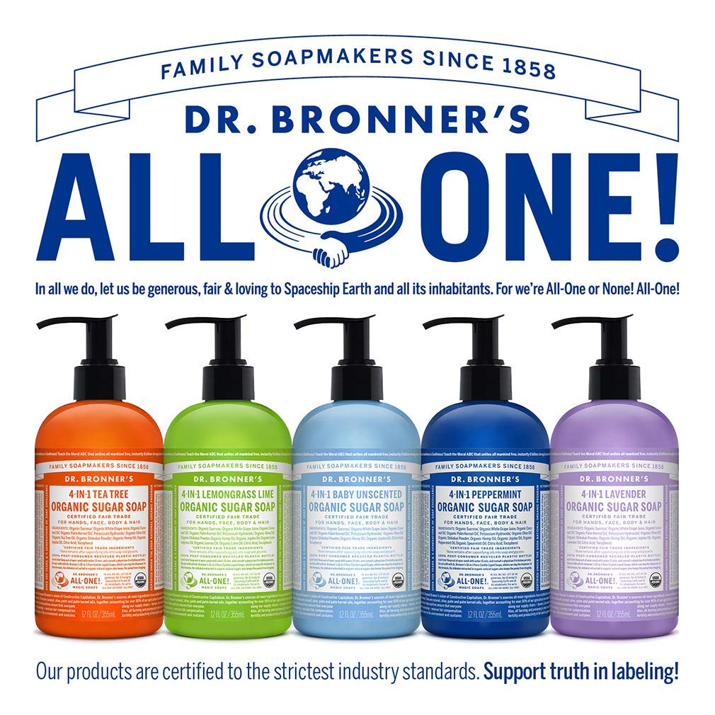 Dr. Bronner's bottle held in hand for scale showing compact 12 oz size ideal for travel