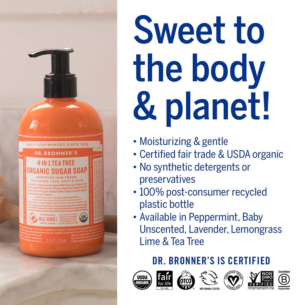 Four Dr. Bronner's bottles staged on a bathroom shelf to suggest daily routine versatility