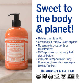 Four Dr. Bronner's bottles staged on a bathroom shelf to suggest daily routine versatility