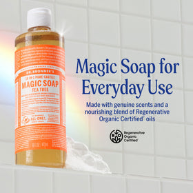 Dr. Bronner's cap and label detail highlighting product information and easy dispensing