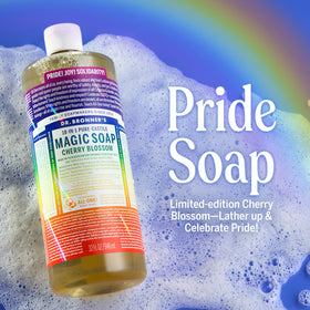 Dr. Bronner's pump dispensing diluted soap for easy use and economical application