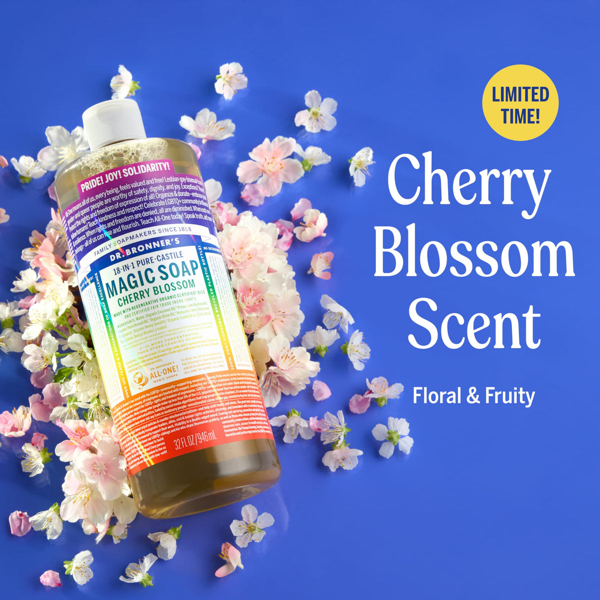 Dr. Bronner's cherry blossom foam texture close-up, illustrating gentle lathering benefit