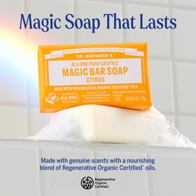 Dr. Bronner's citrus bar rich lather on skin demonstrating cleansing power