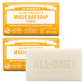 Dr. Bronner's citrus bar front packaging showing eco-friendly wrap benefit