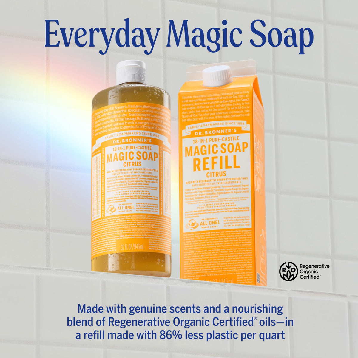 Dr. Bronner's full-size bottle with refill pack demonstrating value