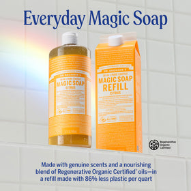 Dr. Bronner's full-size bottle with refill pack demonstrating value