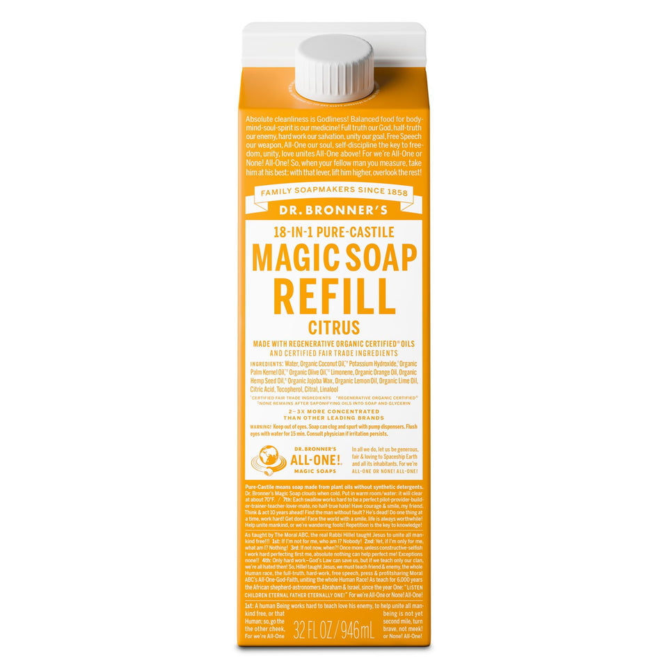 Dr. Bronner's citrus carton front view showing packaging and eco refill benefits