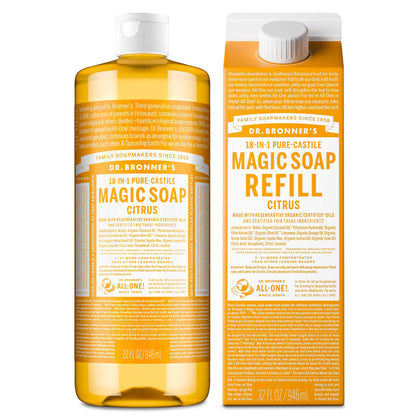 Dr. Bronner's front label showing citrus bottle and product benefits