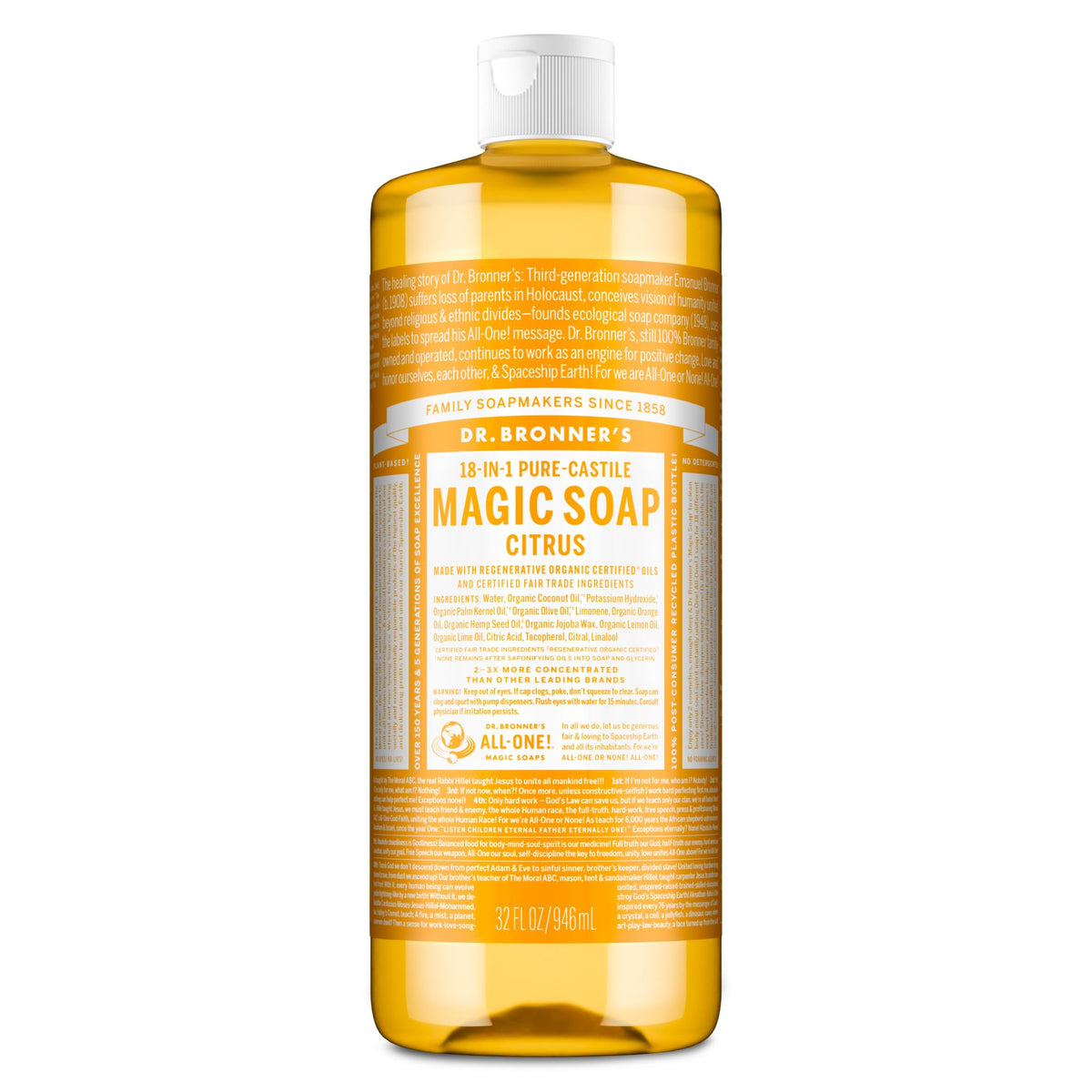 Dr. Bronner's front label showing citrus soap and organic benefits