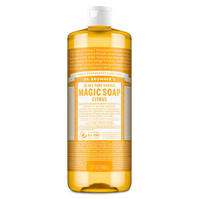 Dr. Bronner's front label showing citrus soap and organic benefits