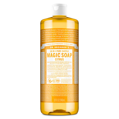 Dr. Bronner's front label showing citrus soap and organic benefits