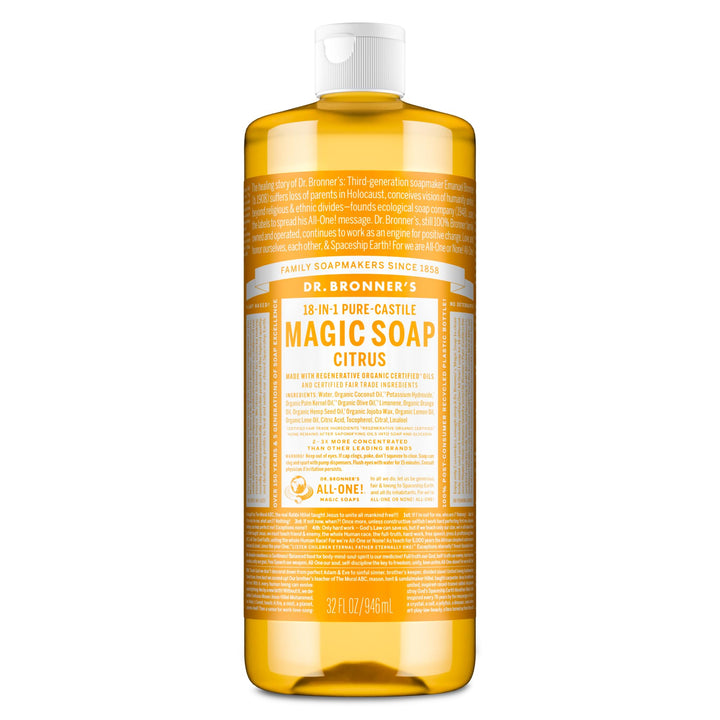 Dr. Bronner's front label showing citrus soap and organic benefits