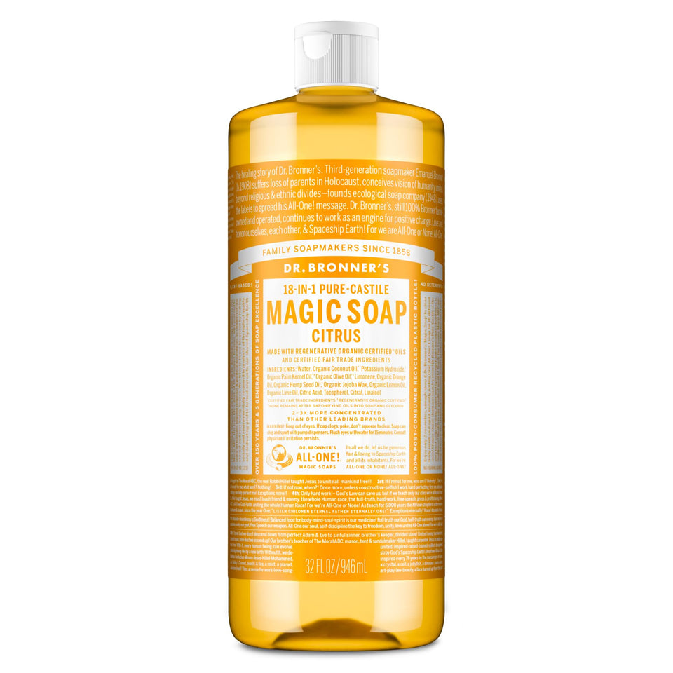 Dr. Bronner's front label showing citrus soap and organic benefits
