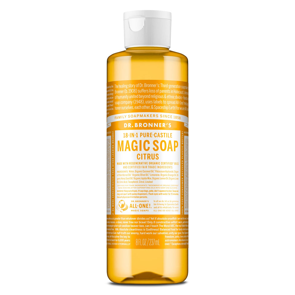 Dr. Bronner's bottle front label showing citrus scent and certifications