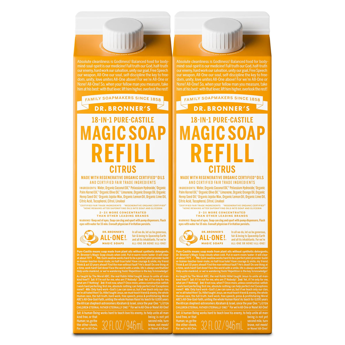 Dr. Bronner's citrus refill front packaging showing eco-friendly benefits