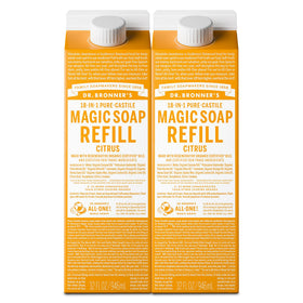 Dr. Bronner's citrus refill front packaging showing eco-friendly benefits