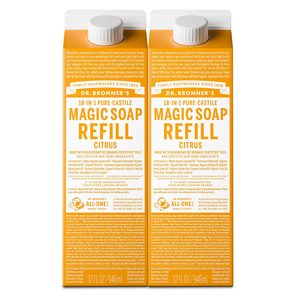 Dr. Bronner's citrus refill front packaging showing eco-friendly benefits