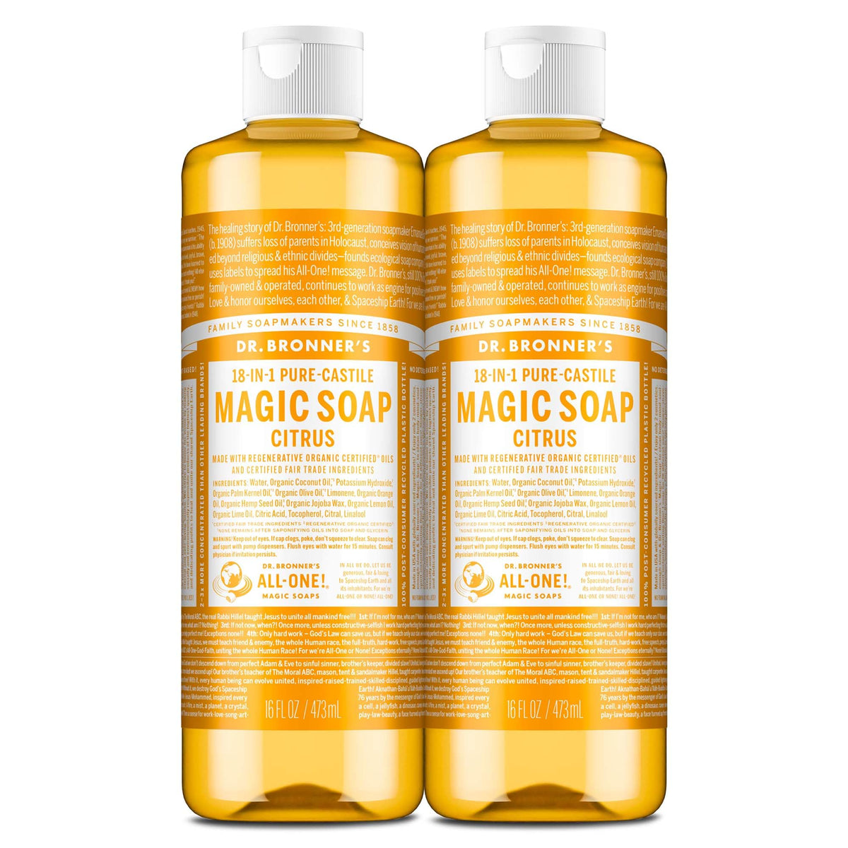Dr. Bronner's front packaging showing citrus soap and 16 oz benefit of concentrated formula