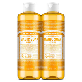 Dr. Bronner's front packaging showing citrus soap and 16 oz benefit of concentrated formula