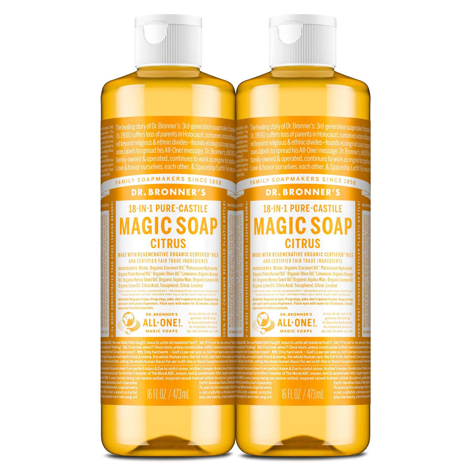Dr. Bronner's front packaging showing citrus soap and 16 oz benefit of concentrated formula