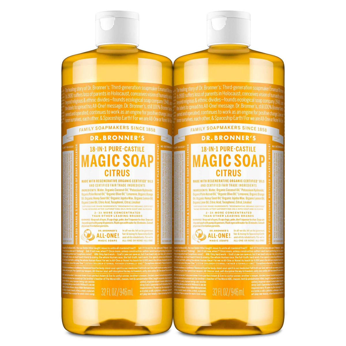 Dr. Bronner's front packaging showing citrus bottles and eco benefits