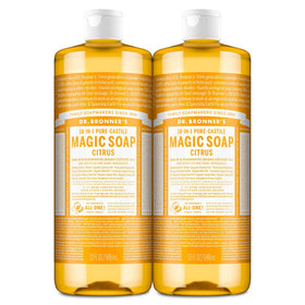 Dr. Bronner's front packaging showing citrus bottles and eco benefits