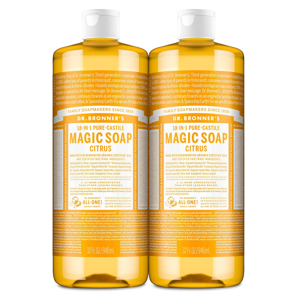 Dr. Bronner's front packaging showing citrus bottles and eco benefits