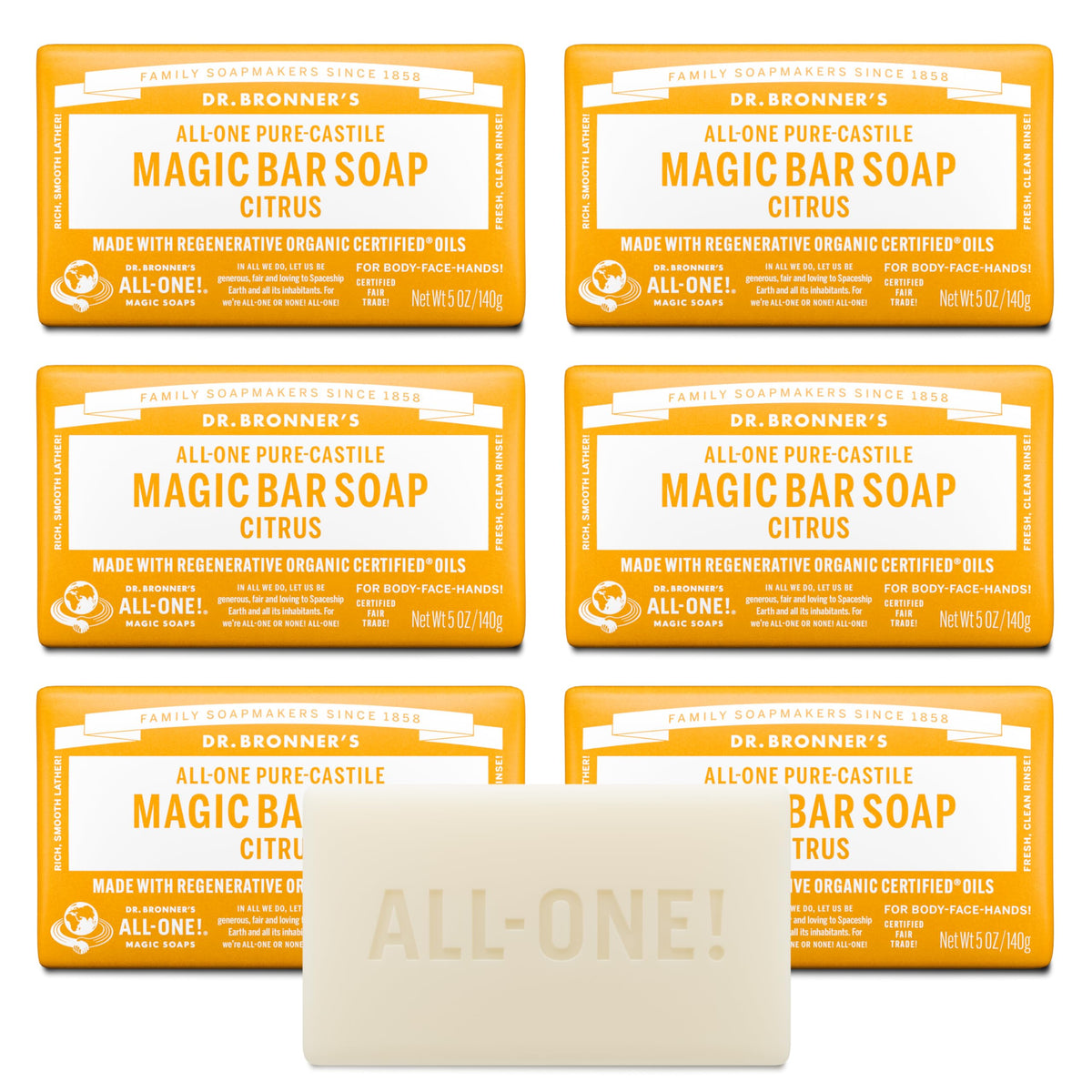 Dr. Bronner's citrus front packaging showing six bars and sustainable benefit