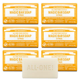 Dr. Bronner's citrus front packaging showing six bars and sustainable benefit