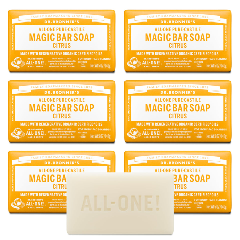 Dr. Bronner's citrus front packaging showing six bars and sustainable benefit