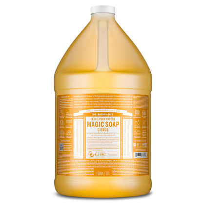 Dr. Bronner's gallon front label showing product name and benefits