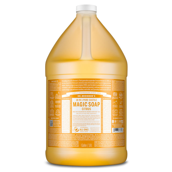 Dr. Bronner's gallon front label showing product name and benefits