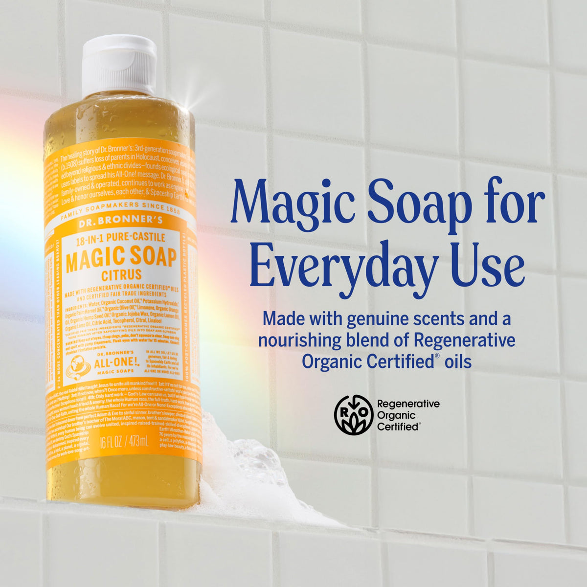Dr. Bronner's pouring concentrated citrus soap demonstrating control
