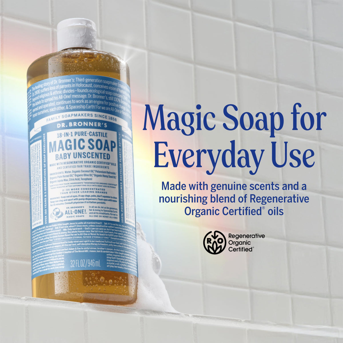 Dr. Bronner's soap pouring to create rich lather demonstrating concentrated suds and efficient use