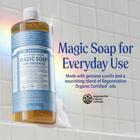 Dr. Bronner's soap pouring to create rich lather demonstrating concentrated suds and efficient use