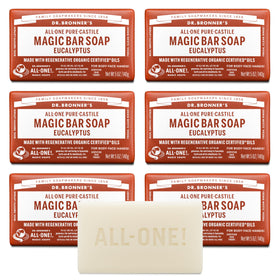 Dr. Bronner's eucalyptus bar front view showing label and clean design benefit