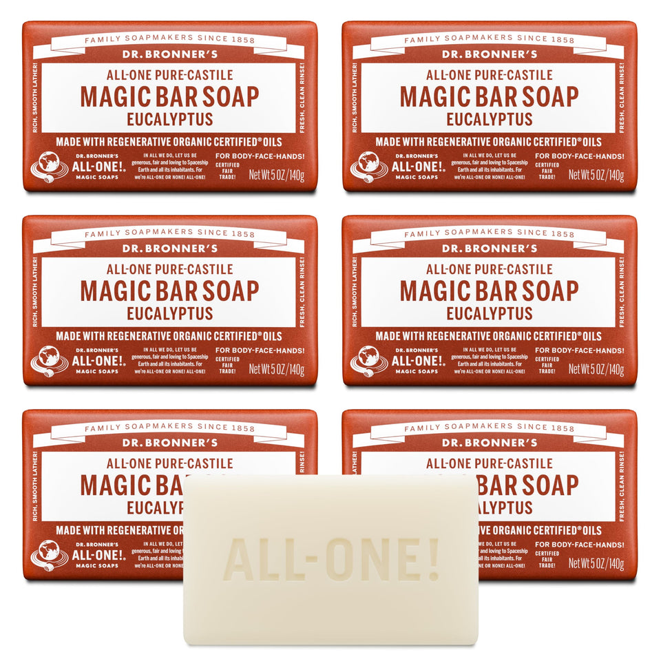 Dr. Bronner's eucalyptus bar front view showing label and clean design benefit