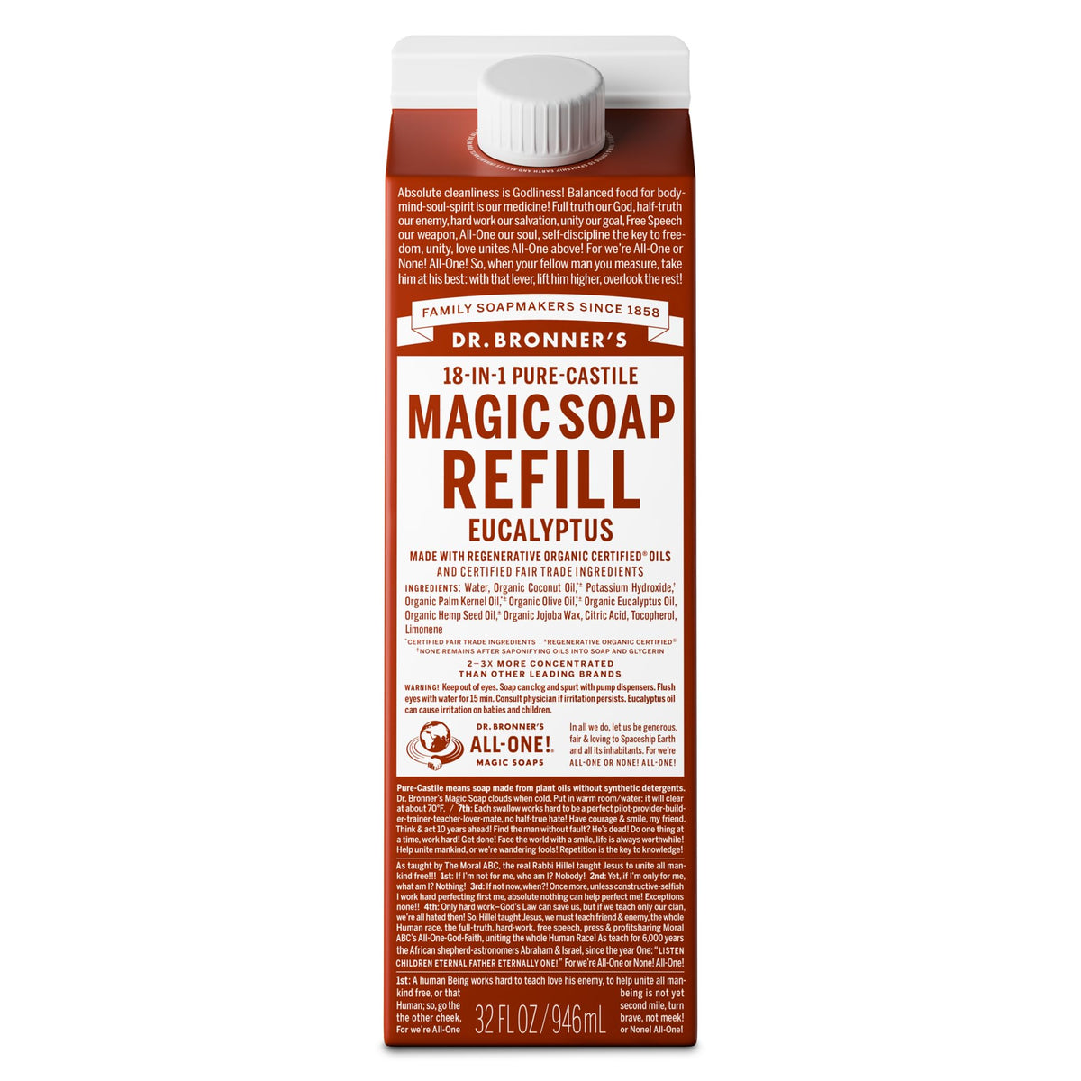 Dr. Bronner's eucalyptus front carton showing size and eco packaging benefit