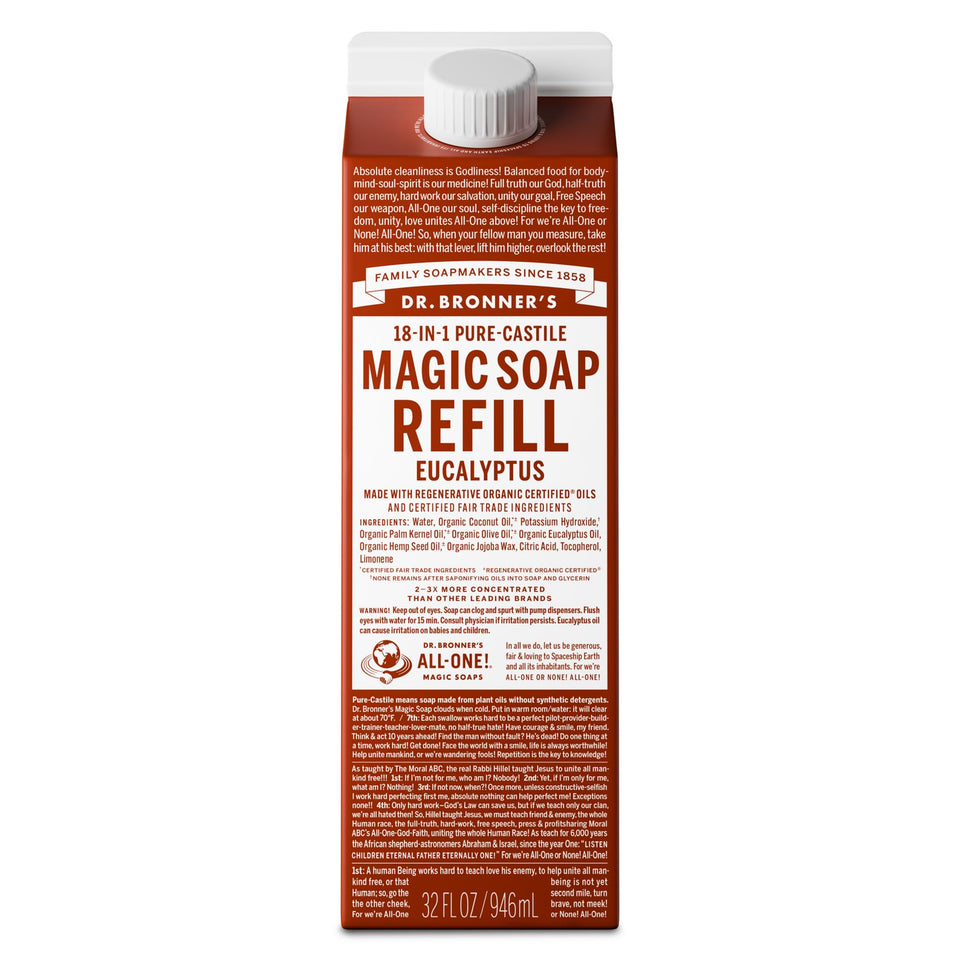 Dr. Bronner's eucalyptus front carton showing size and eco packaging benefit